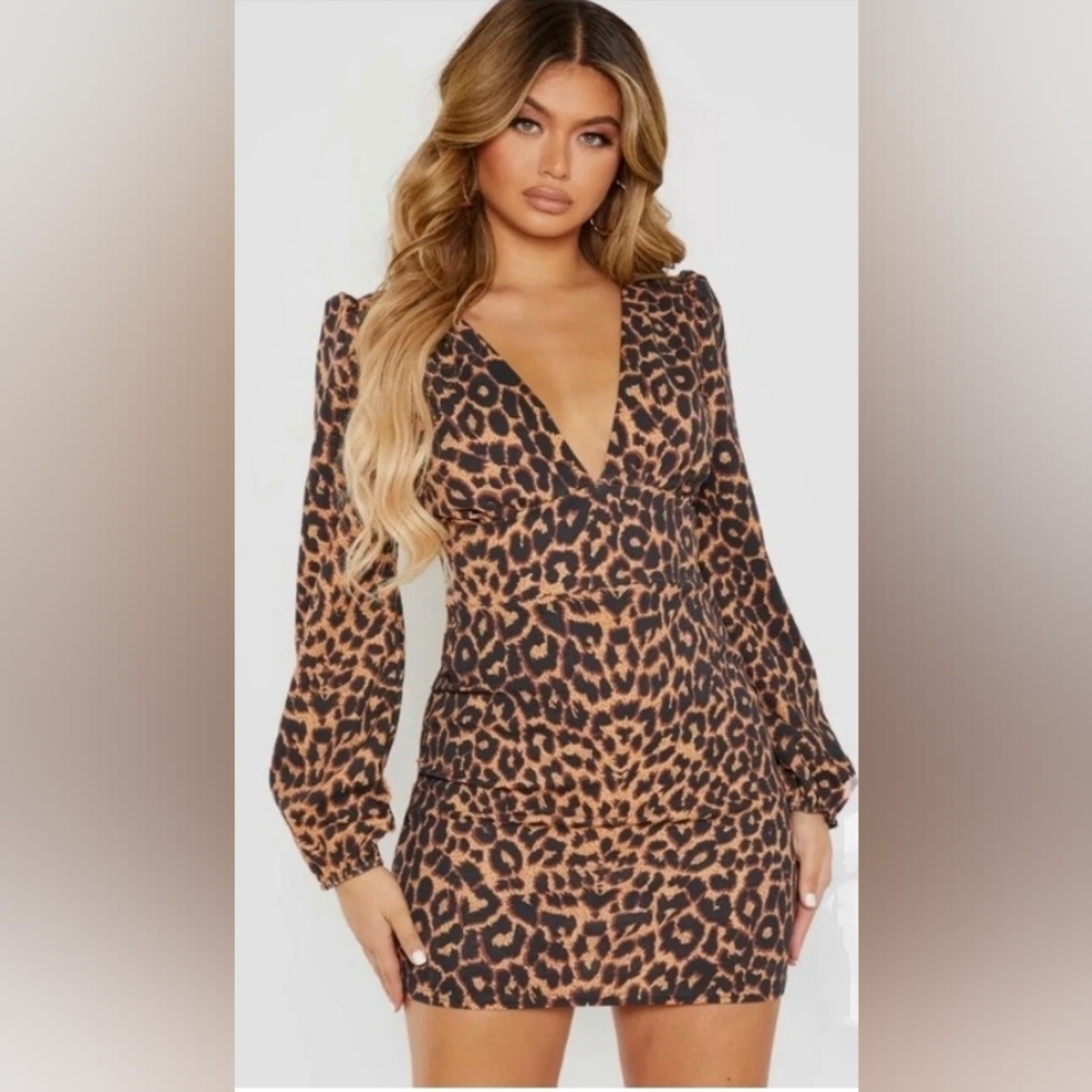 NWT Pretty Little Things Sexy Leopard Print Balloon Sleeve Mini Dress A00178